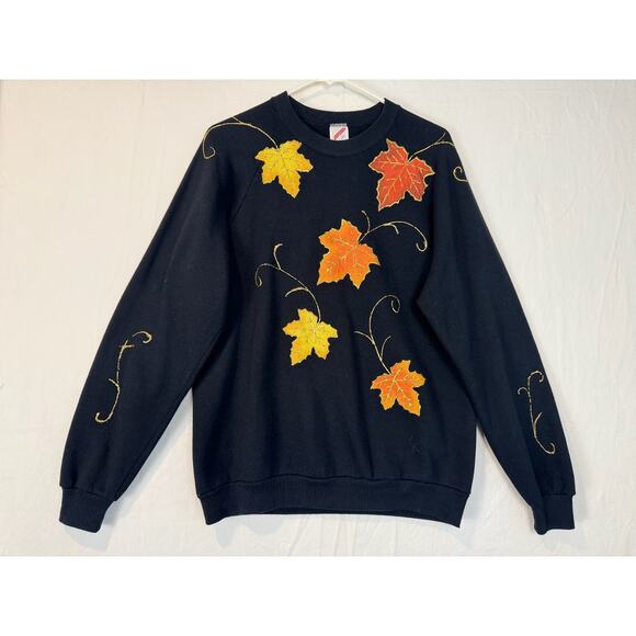Vtg 90s Sweatshirt Jerzees Leaves Fall Puff Print USA Womens L Black Autumn - Picture 1 of 6